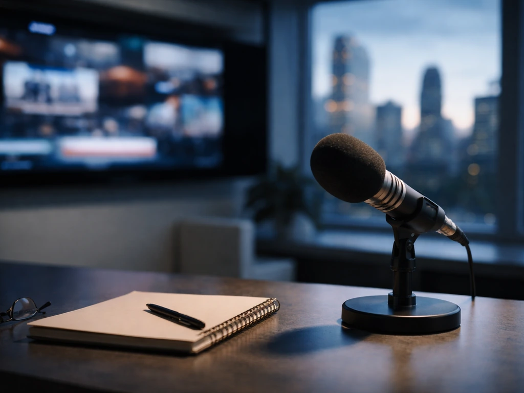 Quiet newsroom desk with a microphone and blurred bureau backdrop, symbolizing media and money analysis.