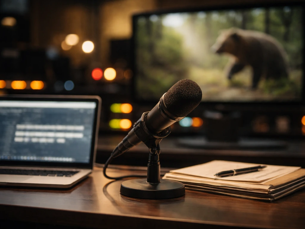 Quiet TV studio desk with a microphone, documents, and a blurred wildlife monitor implying documentary hosting.