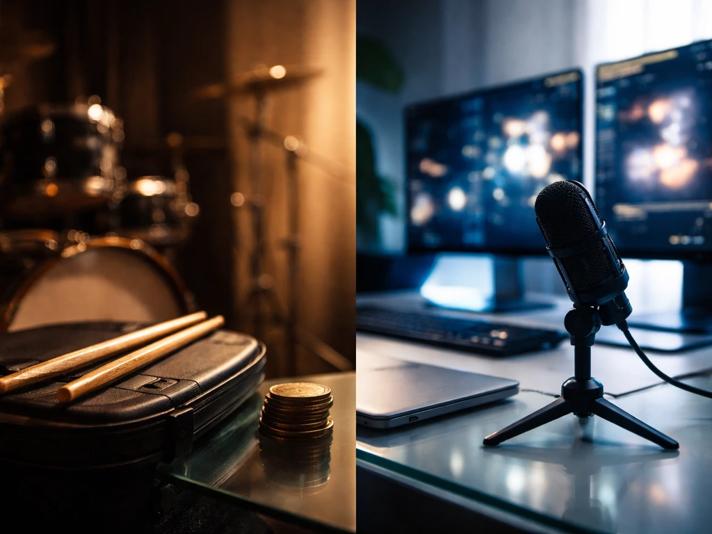 Split music-studio and VFX-office scenes with coins, a laptop, and a microphone symbolizing net worth research.