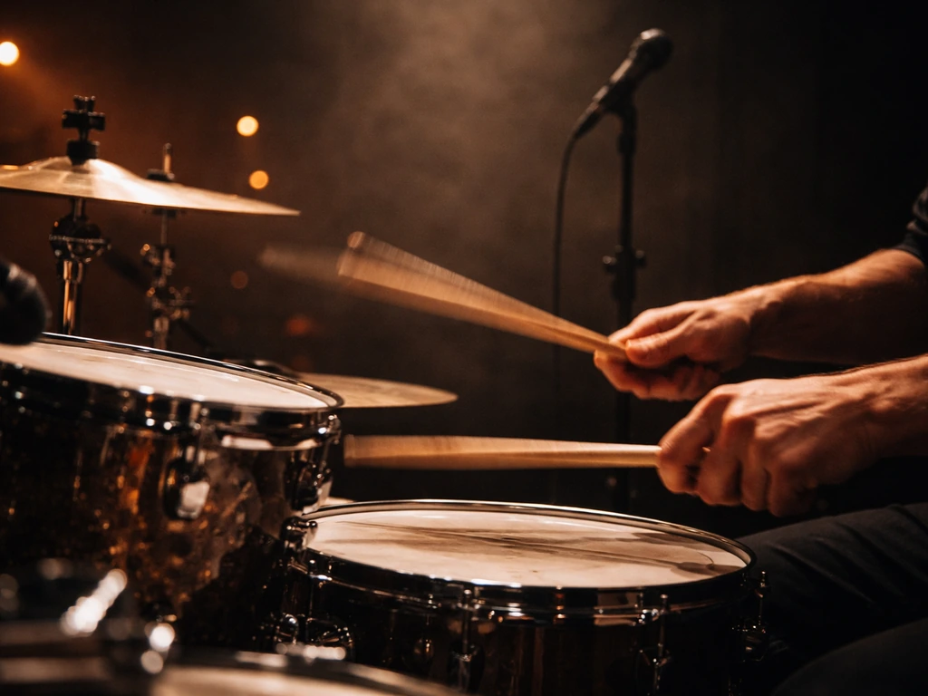 Close-up of a rock drummer’s hands and drum kit on a dim stage under warm concert lights