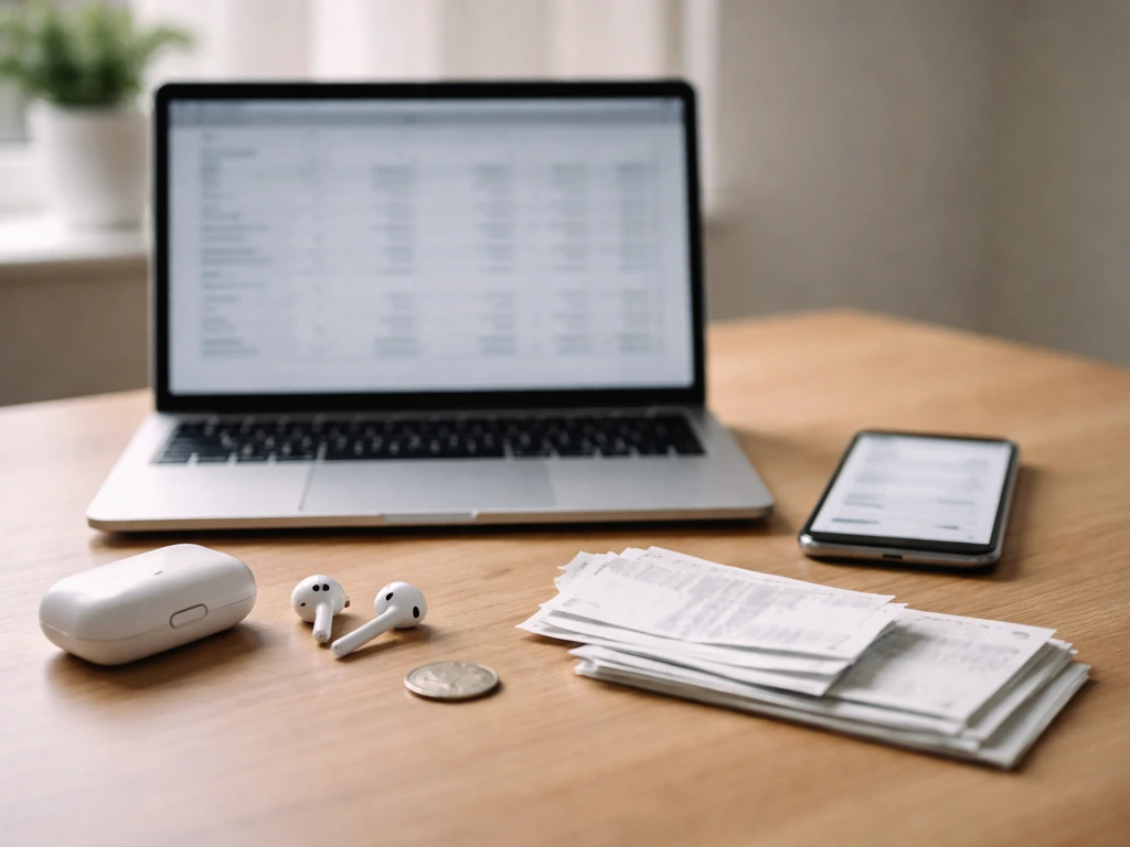 Minimal desk with blurred laptop and phone alongside coins and blank papers, symbolizing net worth estimate assembly.
