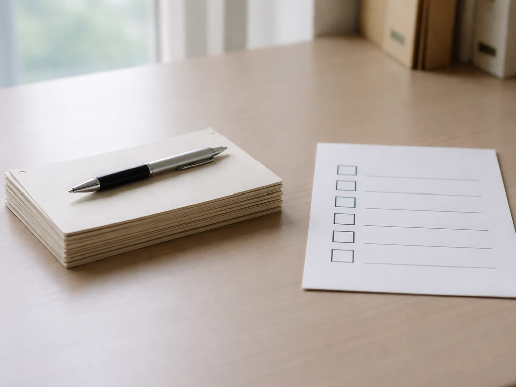 Minimal public-record style scene with blank property record cards, a pen, and a checklist