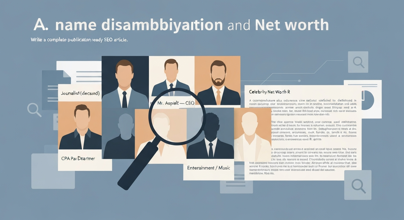Illustration showing multiple profile cards labeled as different Tom Renner identities with a magnifying glass highlighting one; background hints of documents and charts.