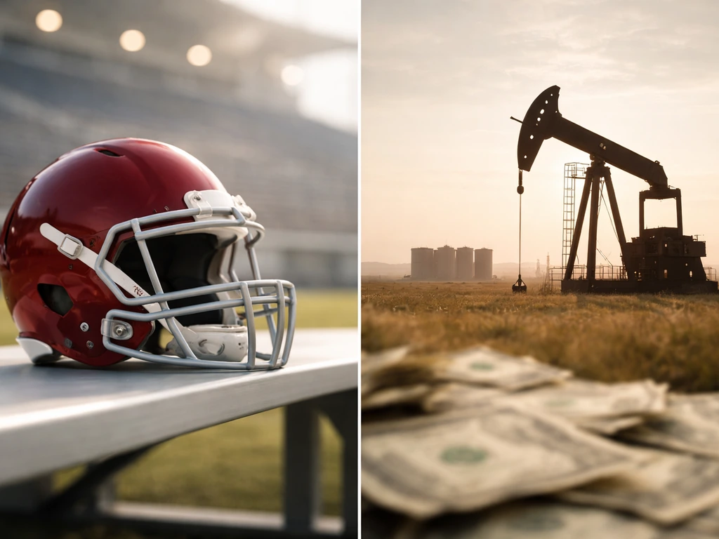 Split image of a football helmet and an oilfield pumpjack with a neutral money theme, symbolizing two Riddell meanings.