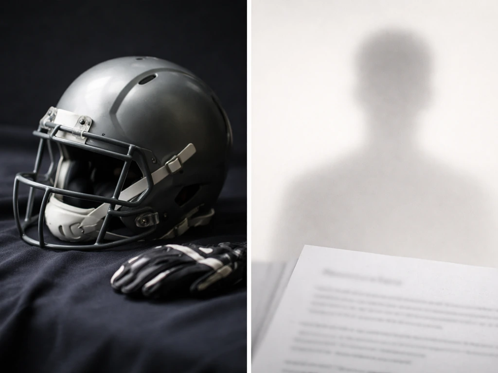 Minimal split-scene showing a football helmet and a generic surname silhouette concept for “Riddell.”
