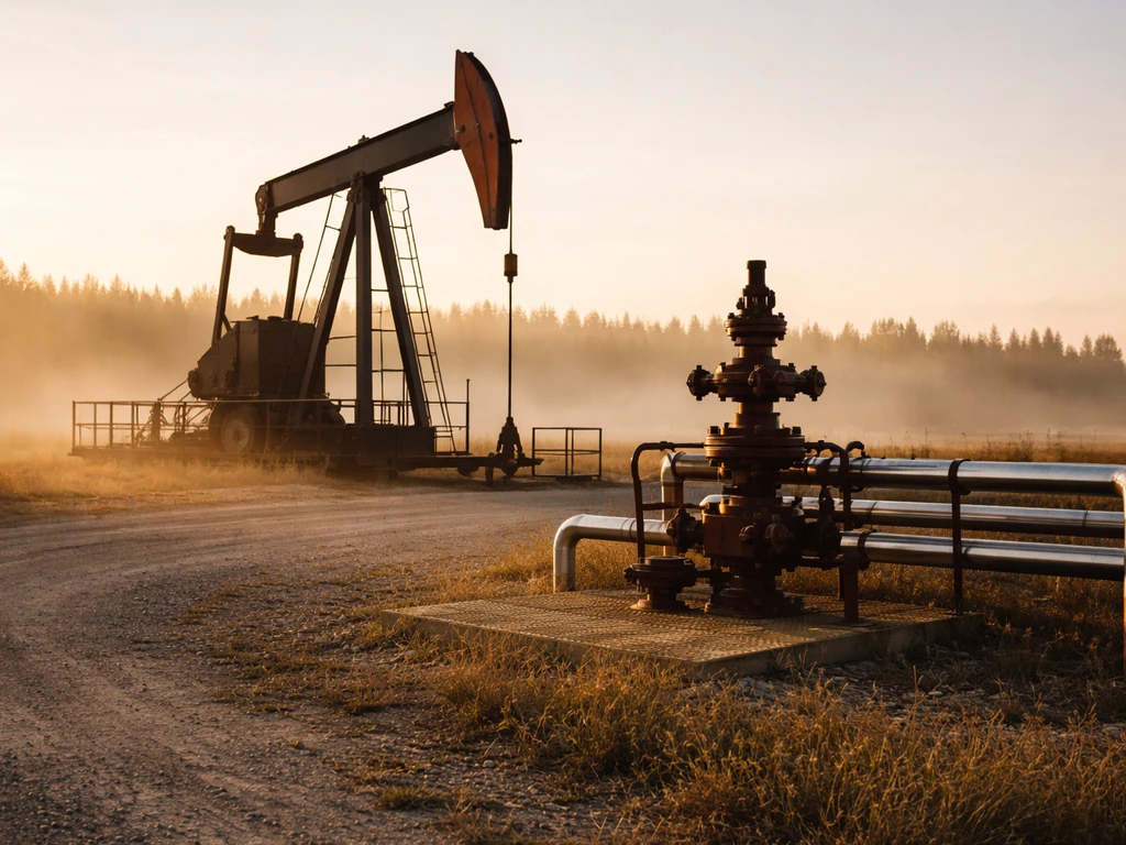 Oil pumpjack and wellhead in a quiet Canadian field at golden hour, no people, symbolic energy wealth.