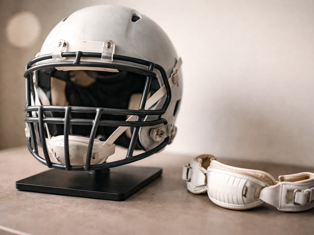 Close-up of a football helmet faceguard with a small adjacent protective component suggesting multiple revenue streams.