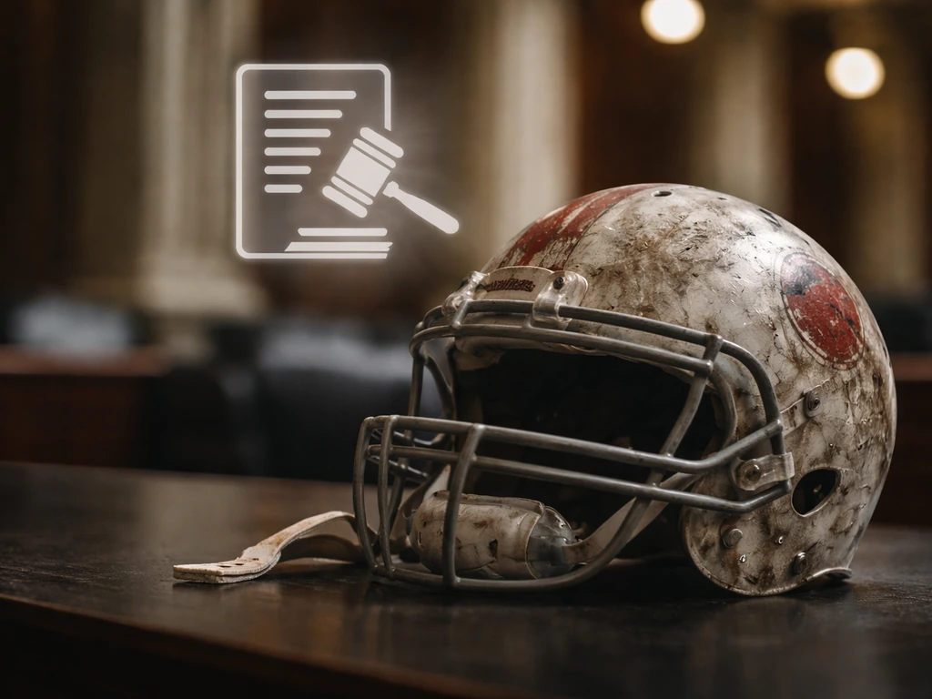 Football helmet in foreground with a subtle legal document/gavel icon symbolizing concussion litigation risk.
