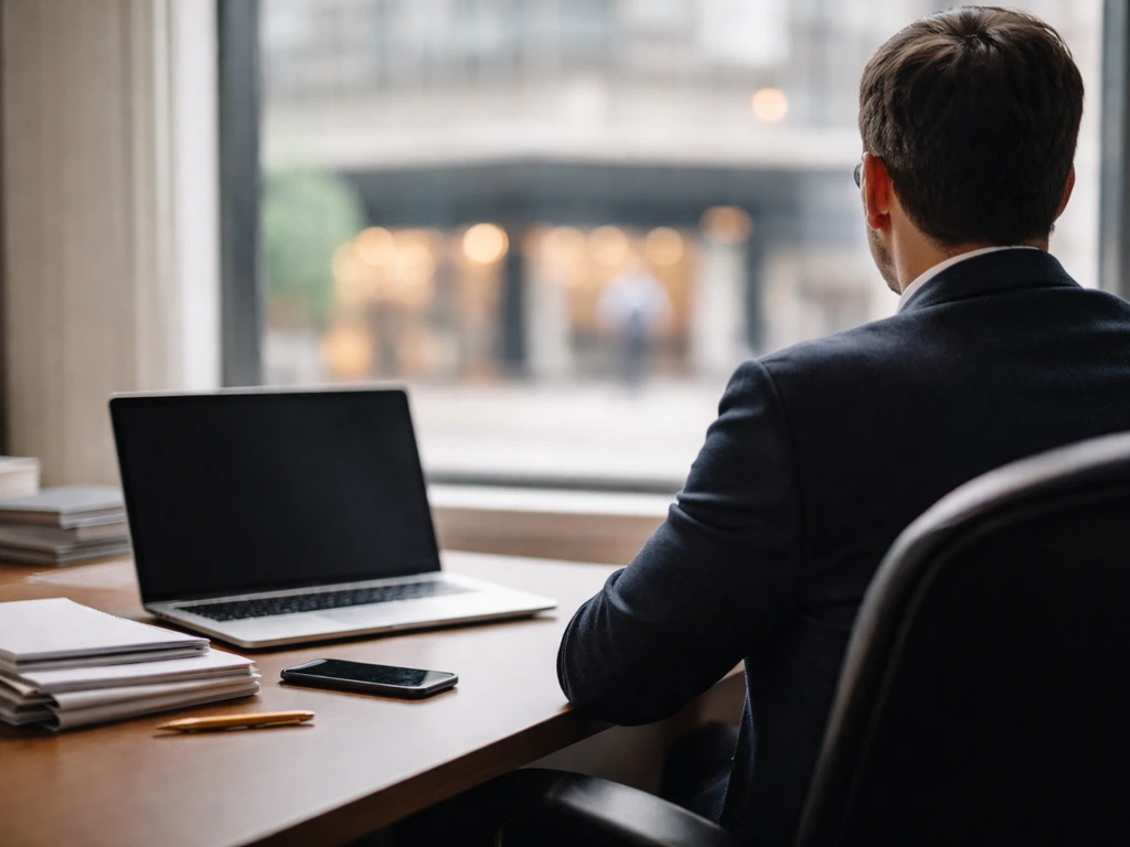 Anonymous executive works at a modern desk with laptop and documents, blurred city retail view outside.