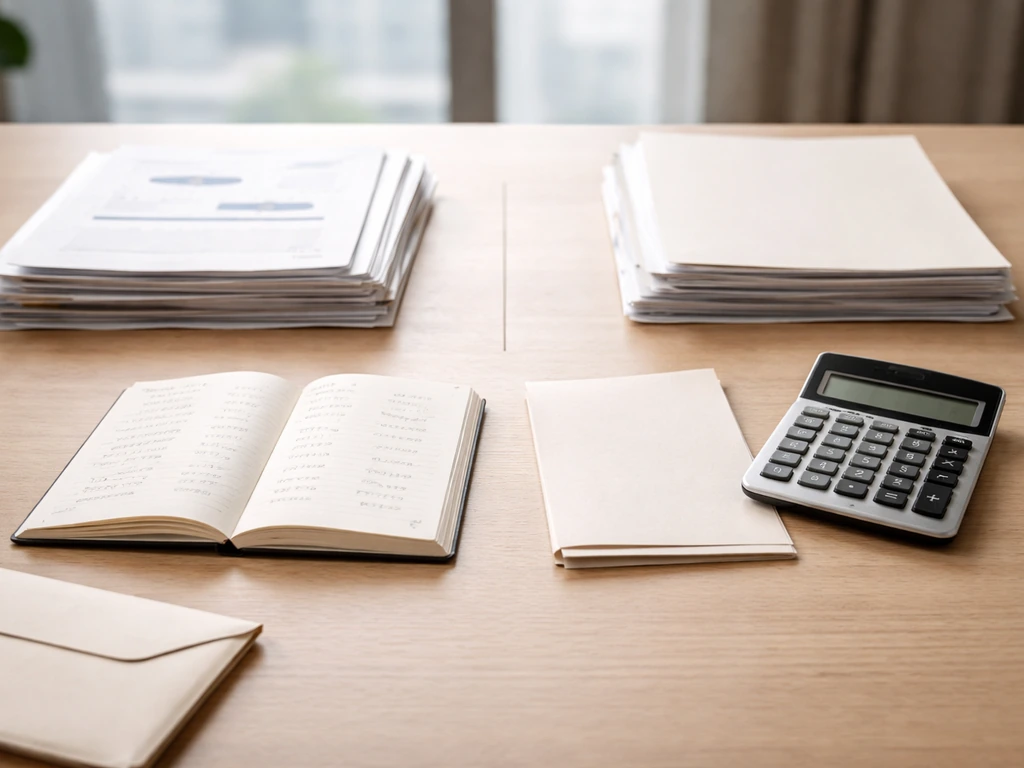 Minimal desk scene with papers and calculator suggesting net worth calculation, assets minus liabilities concept.