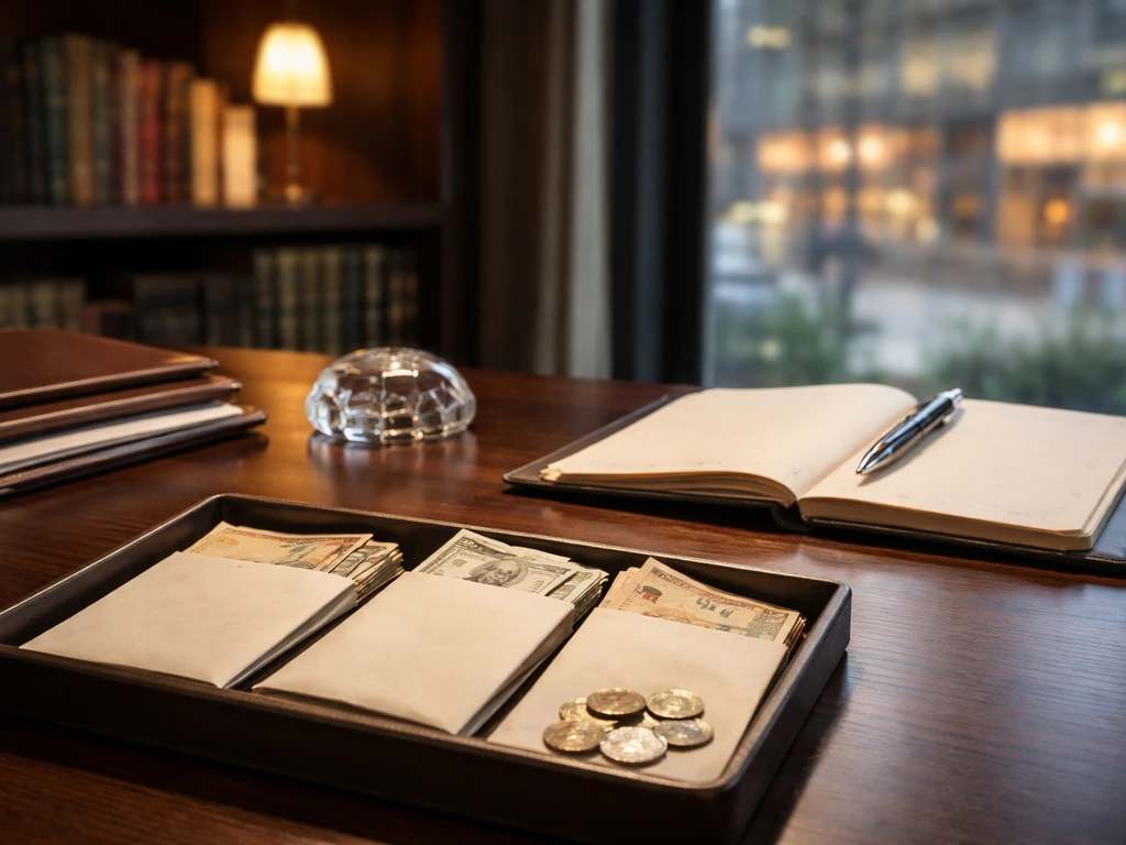 Minimal desk scene with unmarked envelopes and coins, blurred book retail shelves in warm light.
