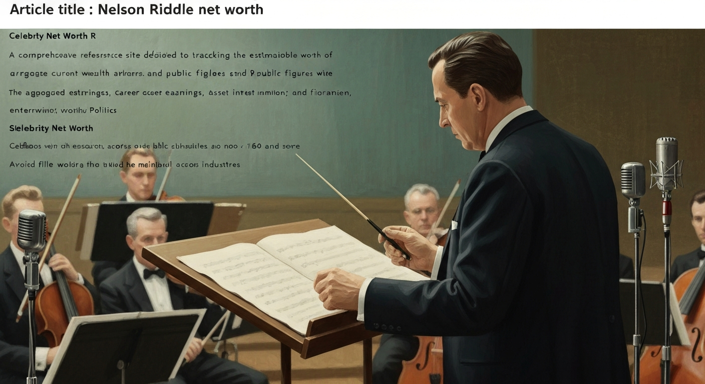 Illustration of Nelson Riddle, mid-century arranger and conductor, in a recording studio with orchestra in the background.