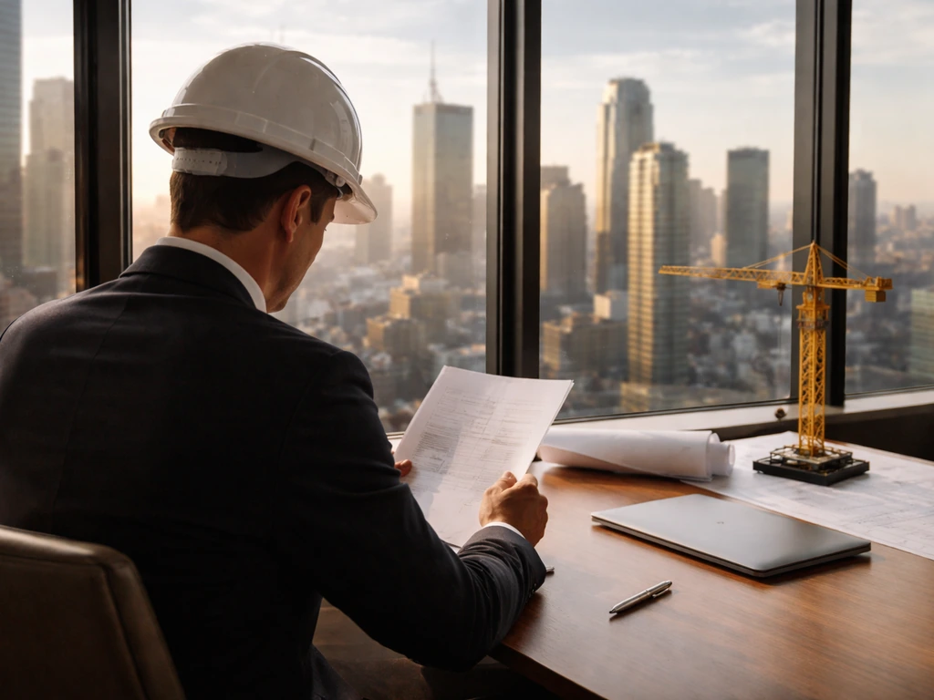 Anonymous investor in a modern office with a hard hat, reviewing documents and a construction model.