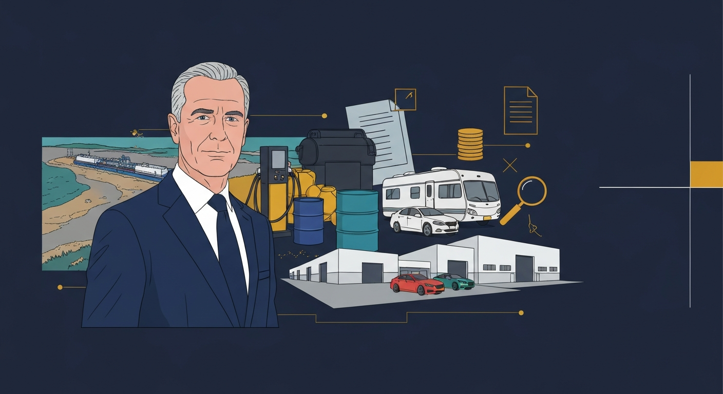 Editorial illustration of a generic middle-aged businessman in a suit with a collage of a coastal tanker, fuel pumps, caravan, cars, warehouses and financial icons (ledger, coins, magnifying glass).