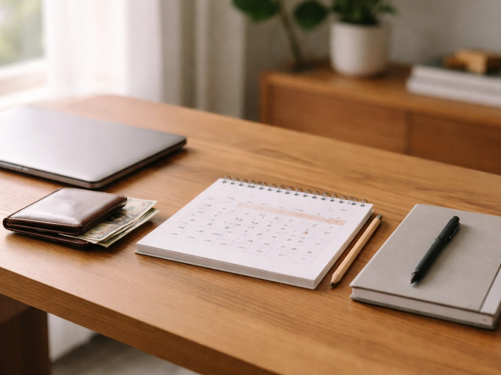 Minimal photo of a quiet desk with a closed laptop, scattered cash, and a calendar page indicating business milestones.