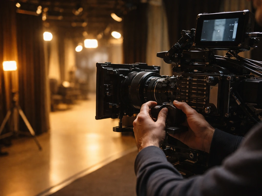 Anonymous film crew adjusting a TV camera on a quiet soundstage under warm lights