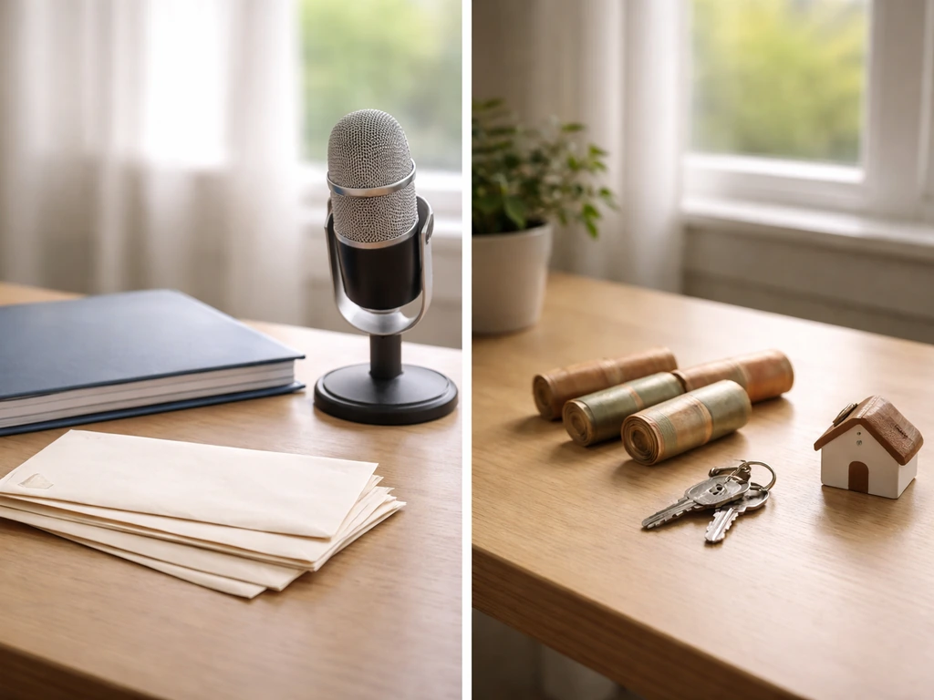 Minimal desk scene with TV/film paycheck envelopes and media tools beside coins and a small home token.