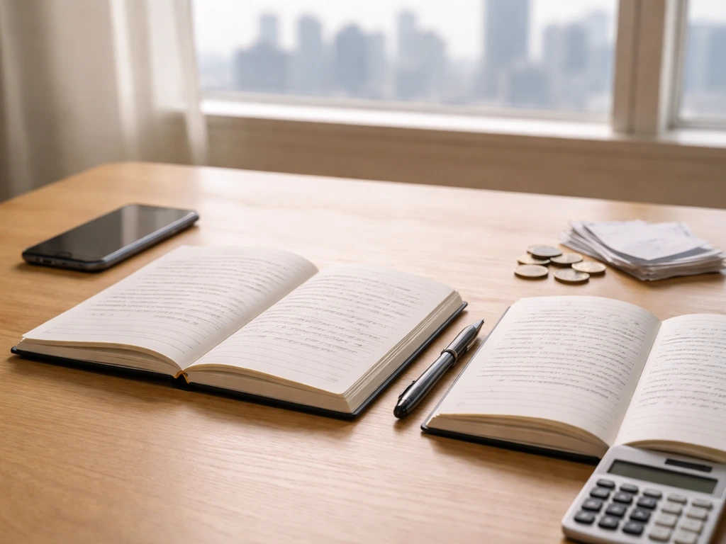 Desk with open notebooks, coins, calculator, and phone suggesting different net worth assumptions across sites.