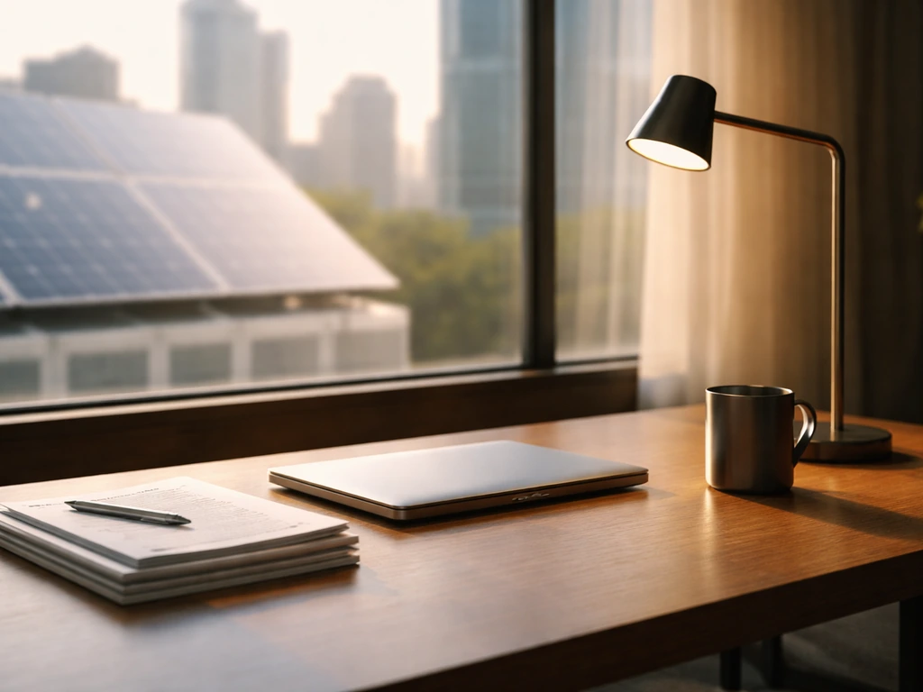 Minimal photo of a modern energy-tech office workspace with subtle wealth symbolism, no person shown.