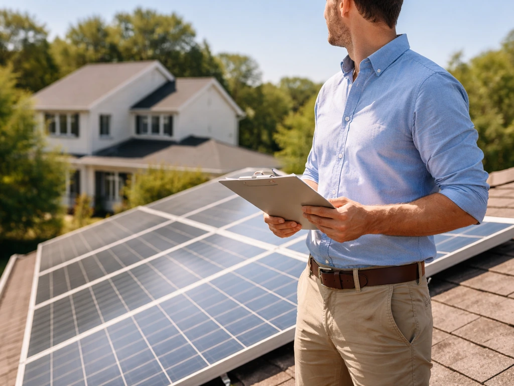 Anonymous man beside rooftop solar panels, symbolizing SolarCity and Peter J. Rive’s solar work.