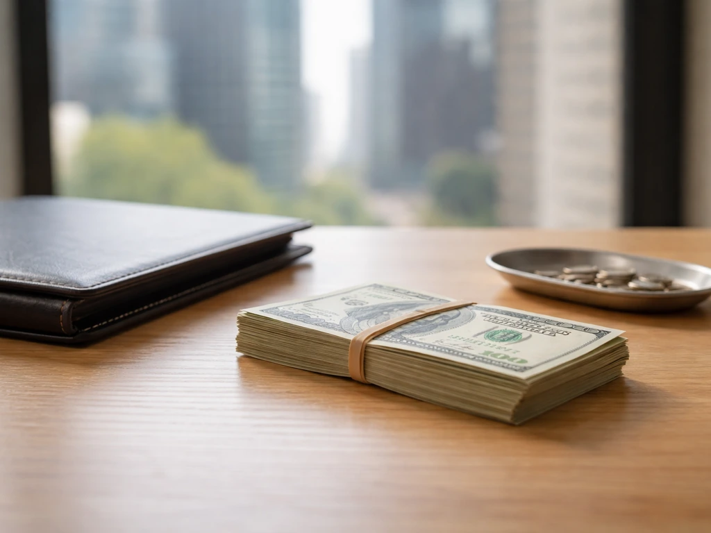 Minimal office desk with bundled cash and coins near a window overlooking blurred city buildings.