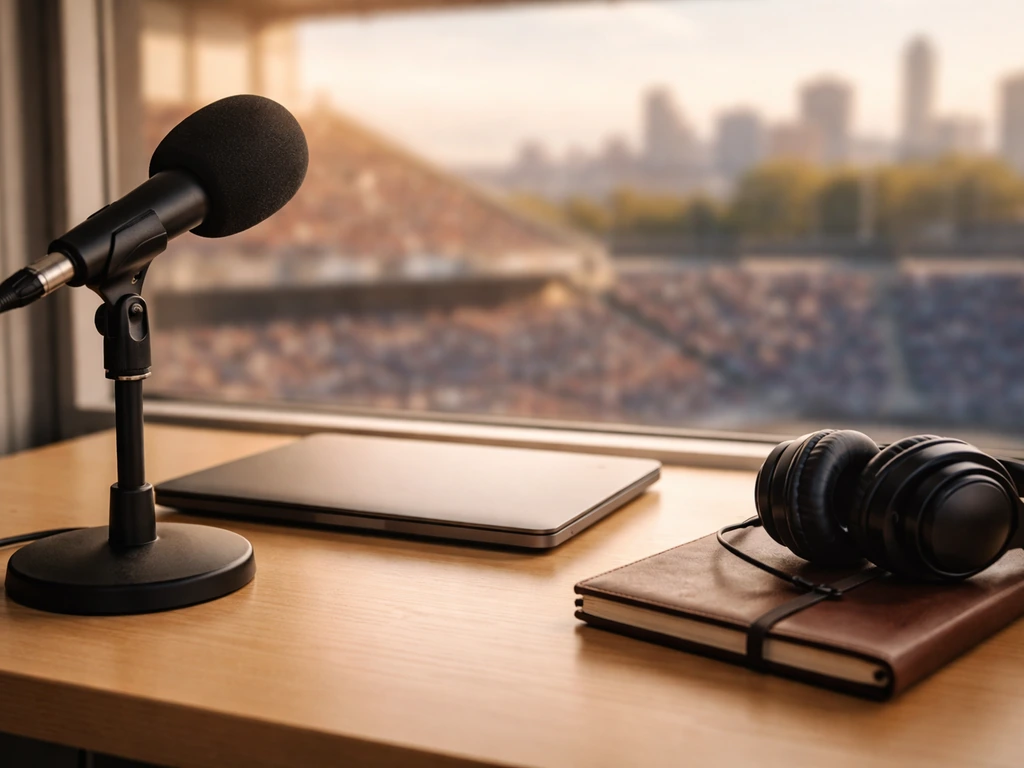 Broadcast studio desk with microphone, headphones, and blurred stadium/city backdrop symbolizing media and wealth.