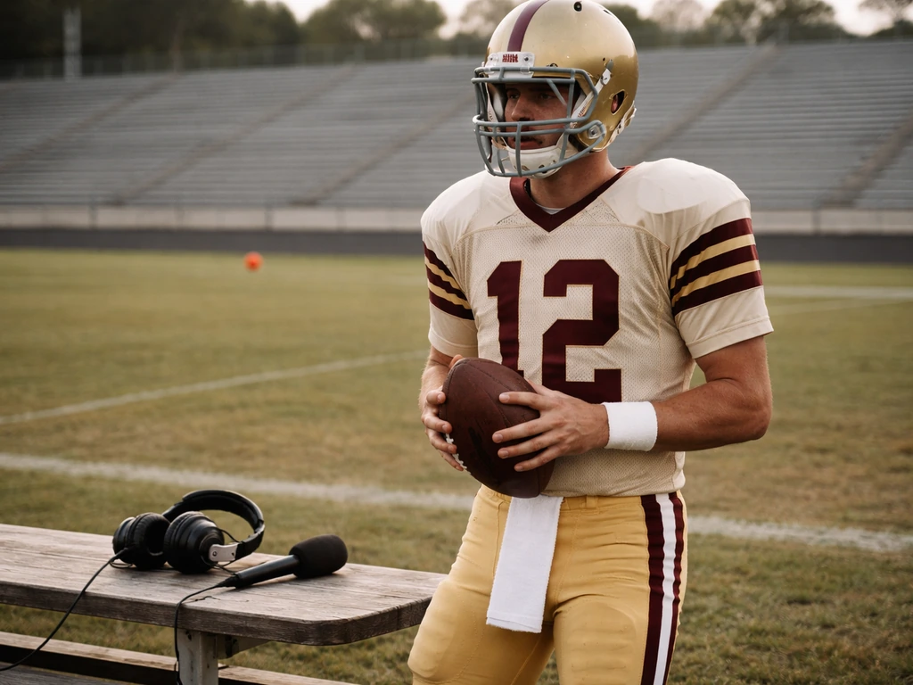 Anonymous quarterback in Florida State colors on a sideline with broadcast headphones and a microphone