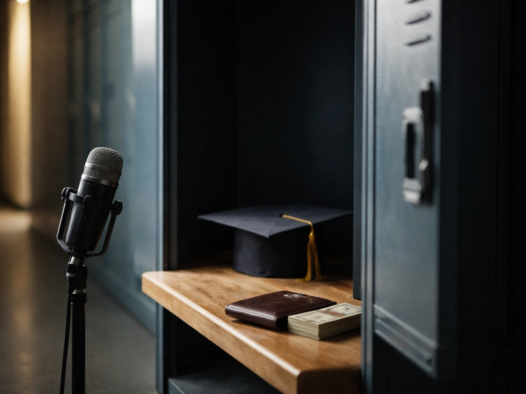 Minimal photo of an NFL-style locker with a radio microphone and a graduation cap beside it, symbolizing career and medi