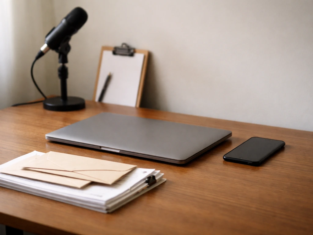 Minimal desk scene with papers, phone, and blurred studio microphone and coaching items in natural light