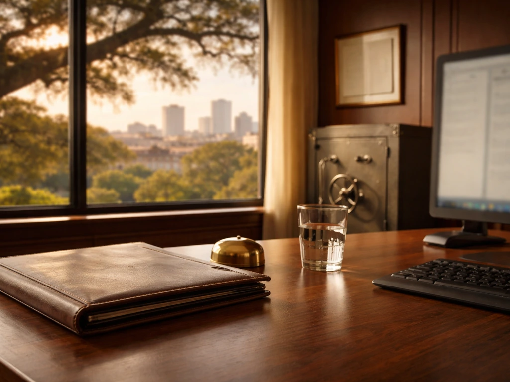 Minimal Louisiana business office desk with leather portfolio, glass, and blurred bank-like background.