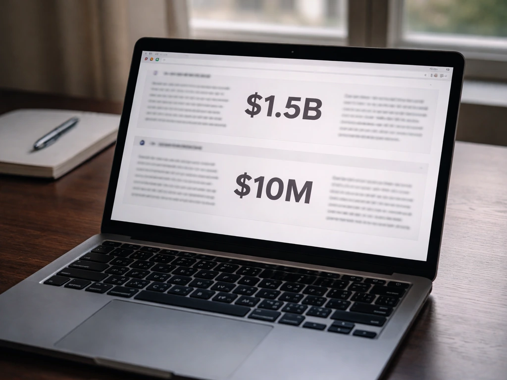 Laptop screen on a desk showing conflicting net-worth numbers like $1.5B and $10M