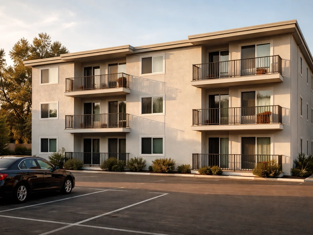 Minimal photo of a quiet apartment complex exterior with balconies and an empty parking area.