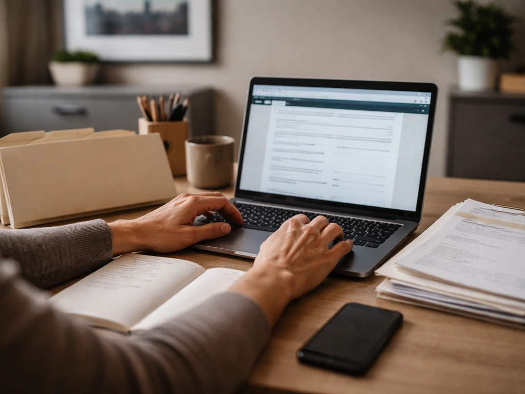 Hands checking public financial records on a laptop, with documents and notebook on a simple desk.