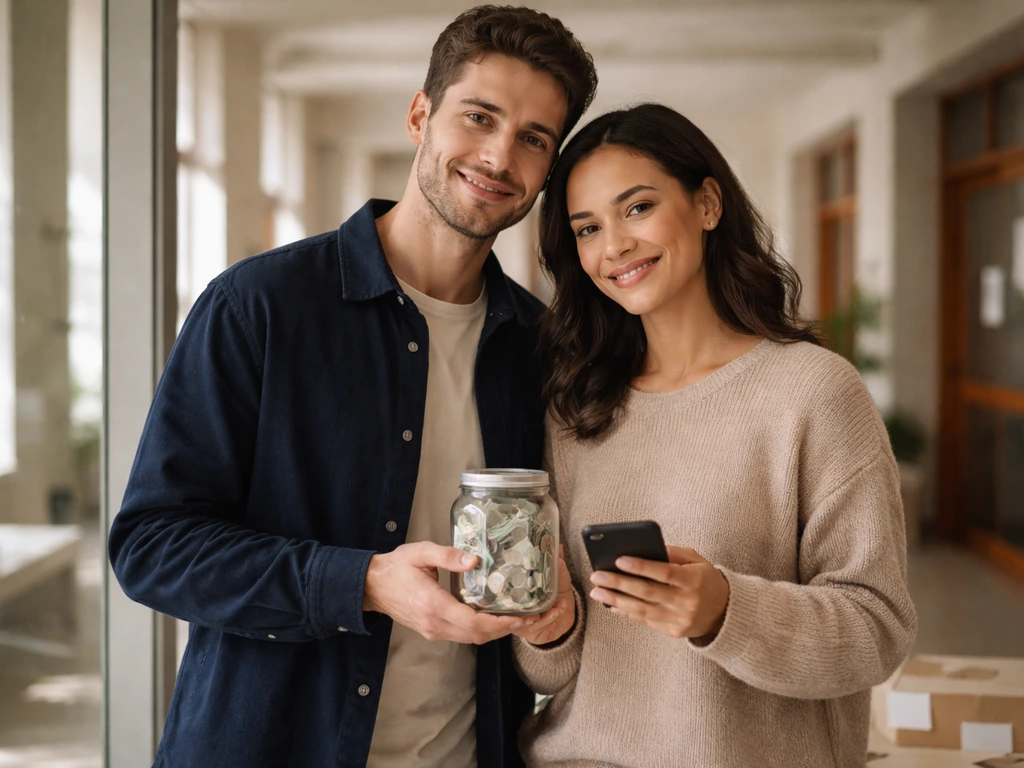 Couple of anonymous philanthropists beside a donation-themed donation jar and smartphone, suggesting joint charitable wo