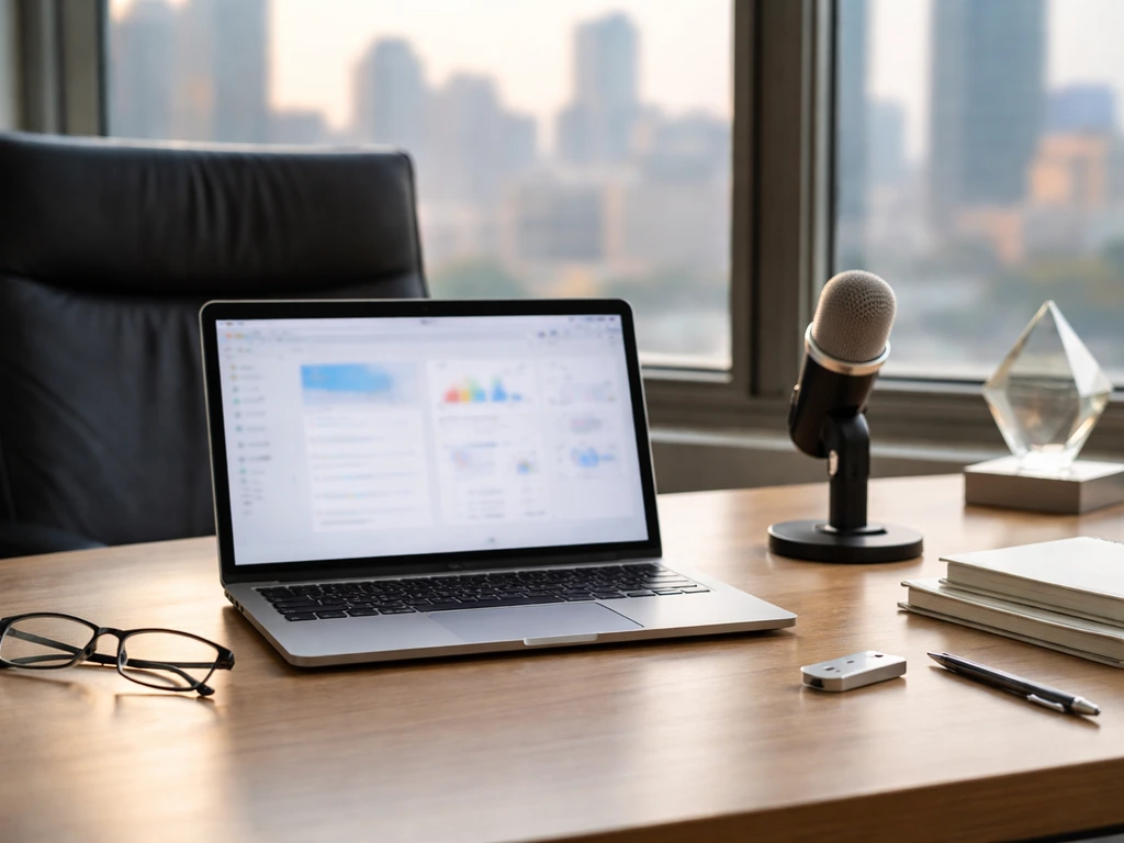 Minimal modern office desk with laptop, city light through window, microphone, and business materials.
