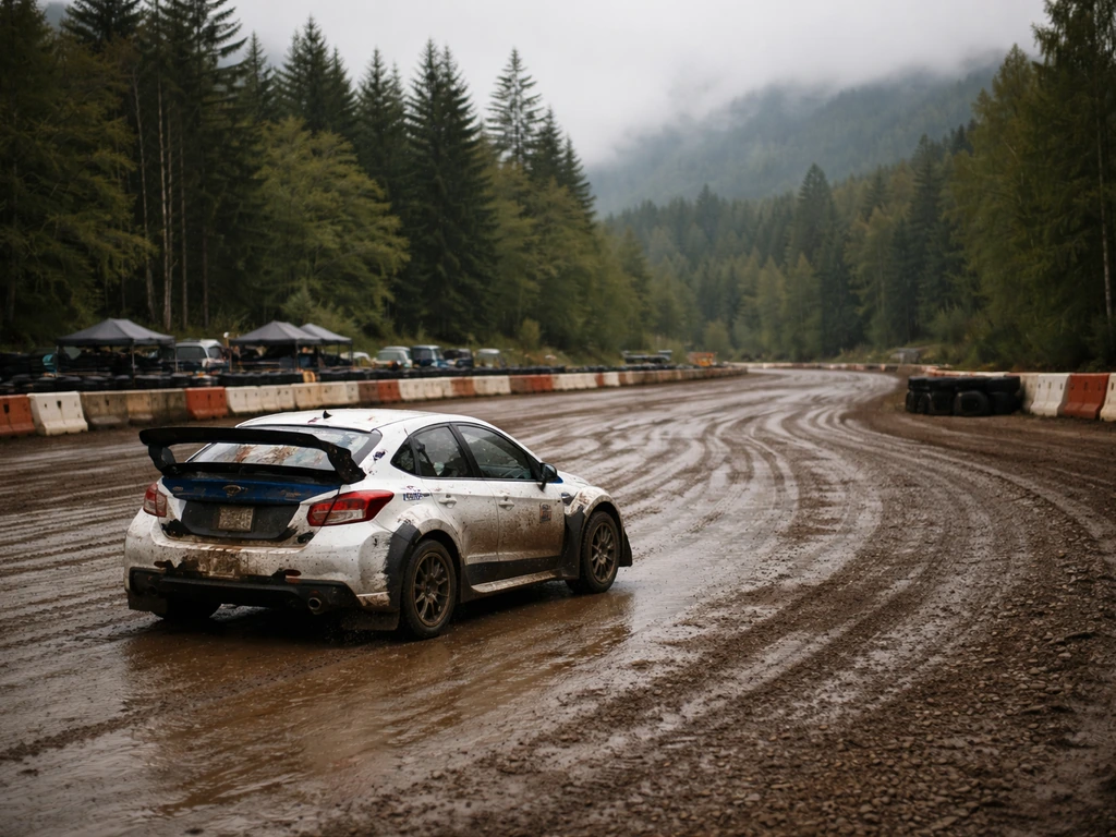 Empty rally driving training track with a race car at a quiet facility in Snoqualmie, Washington.