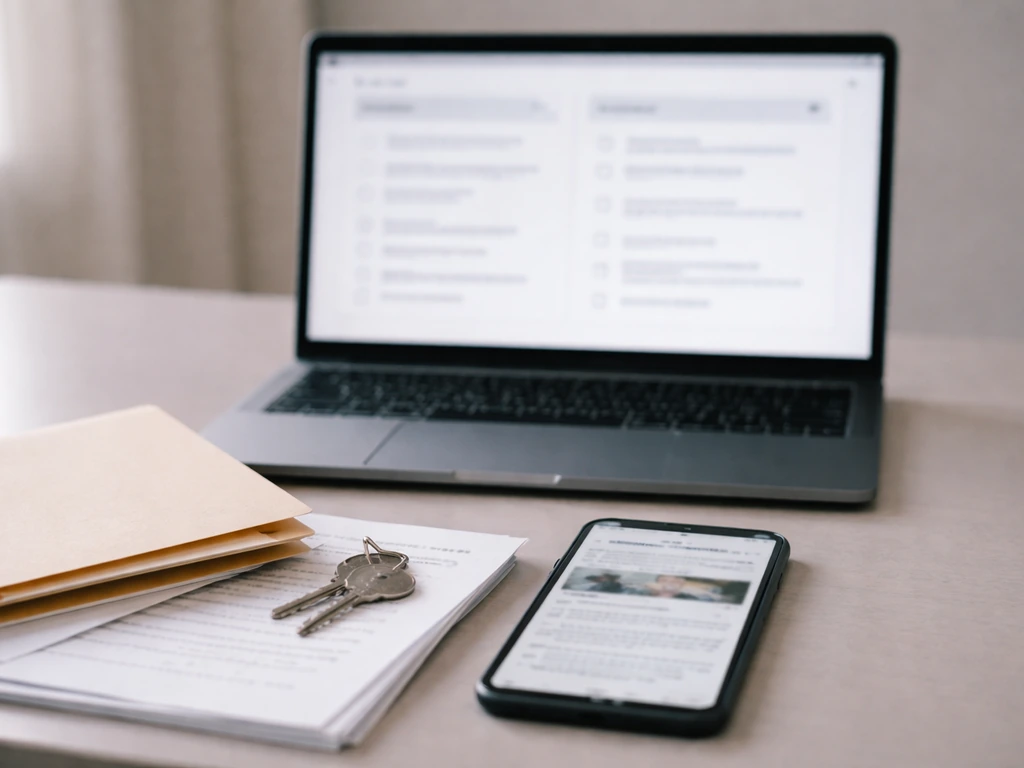 Hand holding phone over a desk with folder, keys, and public-record style documents for verifying a private estimate