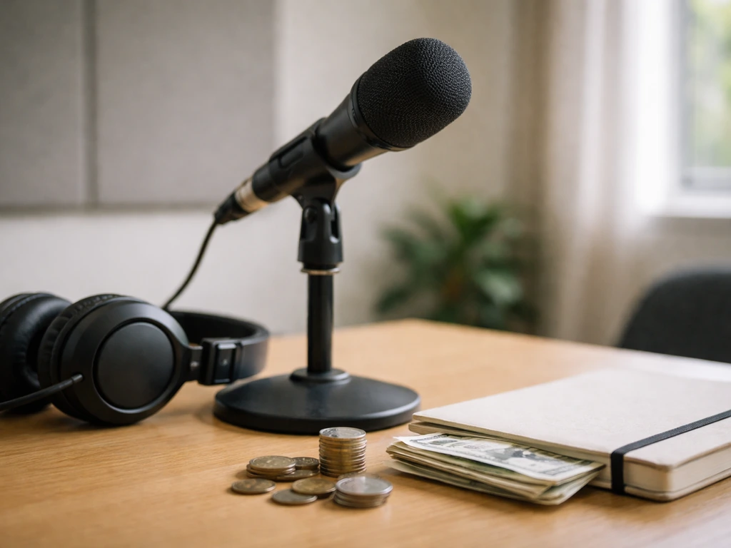 Minimal photo of a studio desk with microphone and cash-like props suggesting celebrity finance analysis