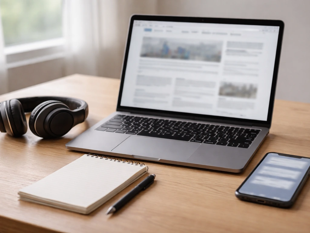 Minimal desk with laptop and phone showing blurred alerts, suggesting tracking updates for finance/news estimates.