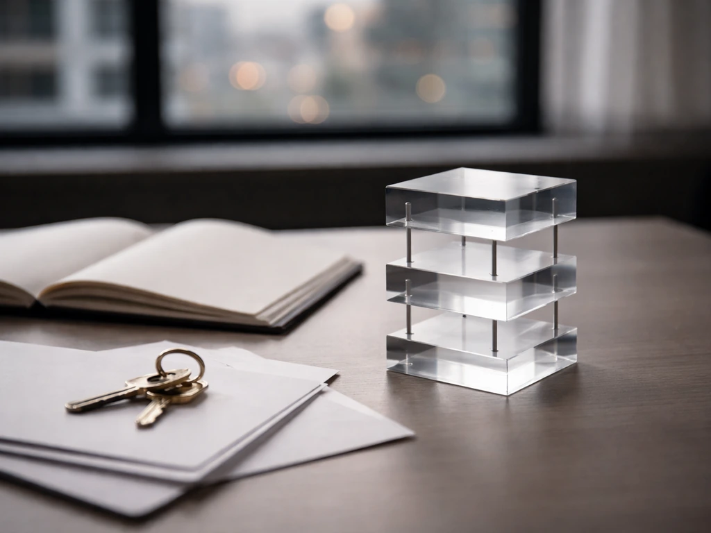 Minimal desk scene with layered translucent business stack model suggesting an investment holding structure.