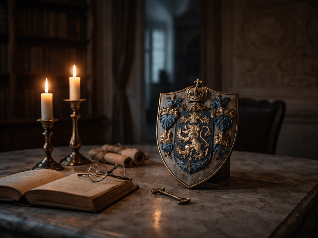 Nordic noble scene: an old family crest shield on a stone desk with soft candlelight and muted Scandinavian tones.
