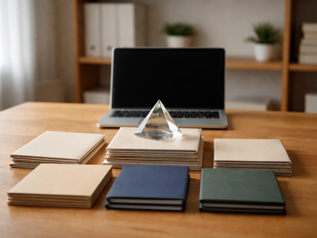 Minimal home office desk with investment folders and a glass pyramid symbolizing layered wealth structure