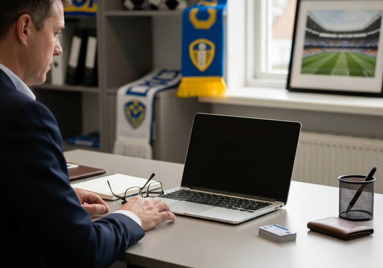 Anonymous football executive in a Leeds United–themed office, with subtle financial symbols and a laptop.