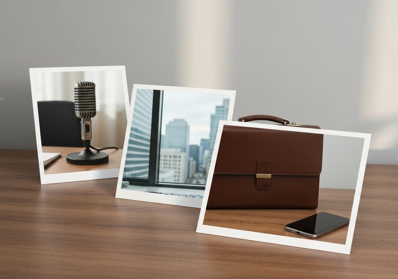 Minimal desk scene with broadcast mic, office skyline, and briefcase arranged as a non-text timeline progression.
