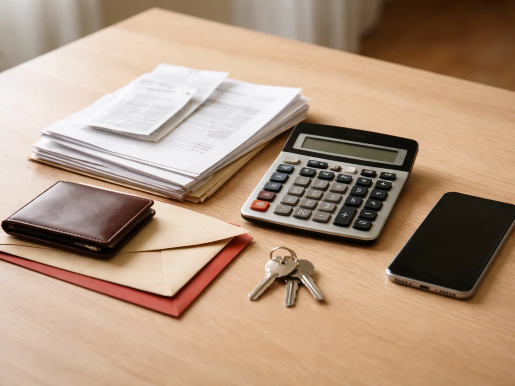 An anonymous study desk with envelopes, a calculator, and scattered keys symbolizing net worth components.