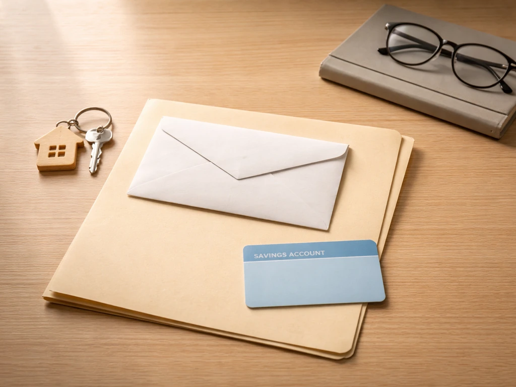 Minimal desk still-life with keys, a generic envelope, a savings card, and a retirement folder.