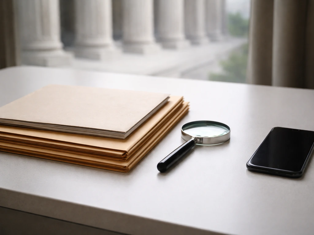 Legal folder and magnifying glass on a simple desk with blurred courthouse columns in the background.