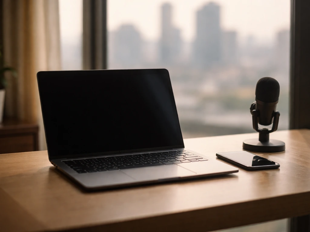 Minimal modern desk with laptop and microphone near a window, hinting at a tech CEO office setup.