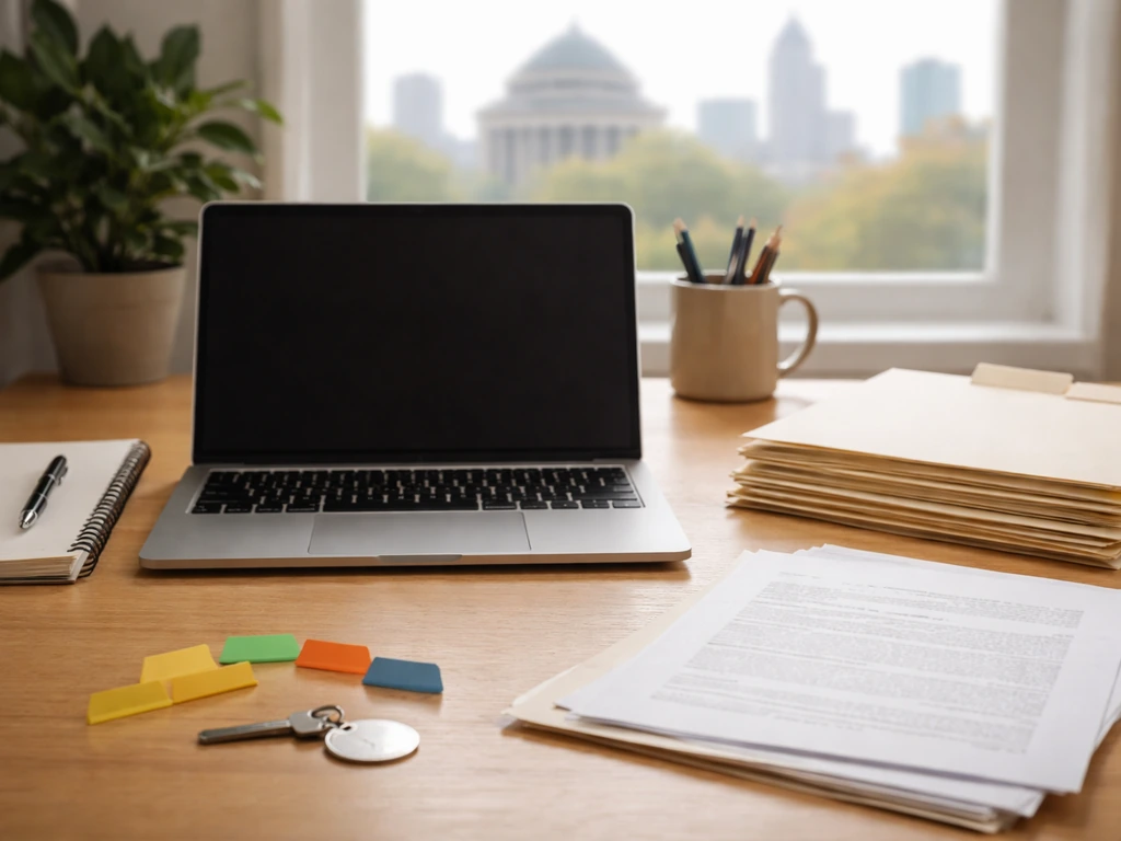 Minimal desk scene with blank files and paperwork texture suggesting compilation of public records.
