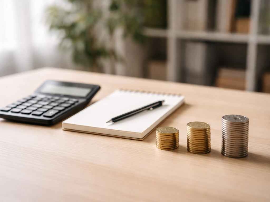 Calculator and notepad beside stacked coin icons suggesting an estimated net-worth range concept
